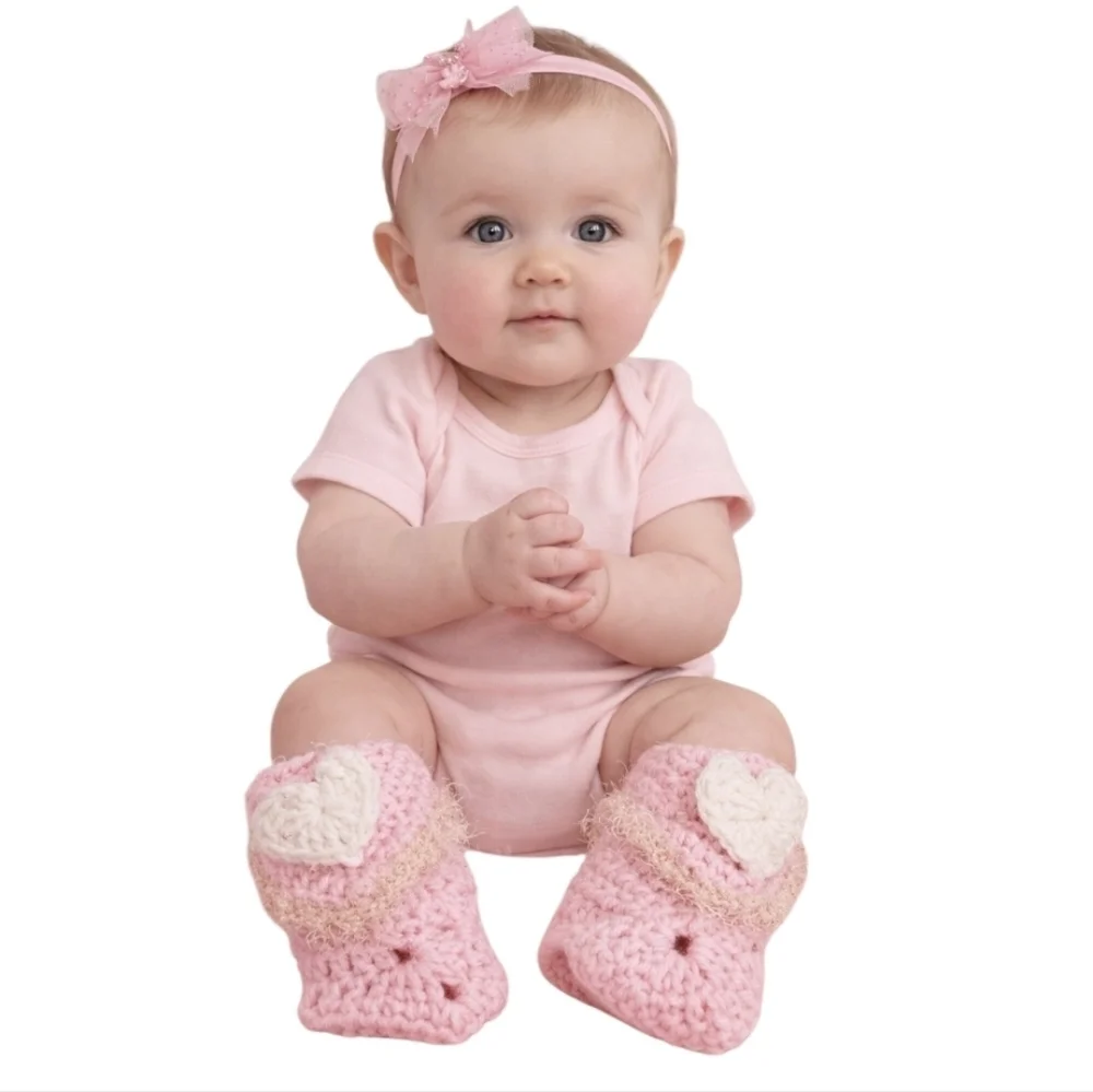 Hand Crochet Baby Booties Pink White Heart Valentine Granny Square Baby shoes 5